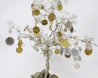 The Real Money Tree - Wire Wrap Money Tree (Real Coins From Around The World) Mounted on Genuine Fools Gold - One Of A Kind Work Of Art