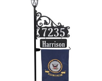 Address America - Boardwalk Double Sided Reflective Address Sign with Name Rider, U.S. Navy Flag and Solar Lamp