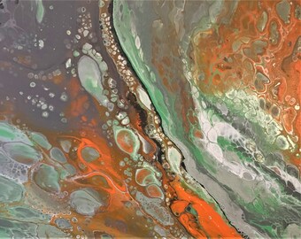 Abstract Acrylic With Metallic  Pour Painting - Art 20" x 16" Staple Back Stretched Canvas  "Anya Art"