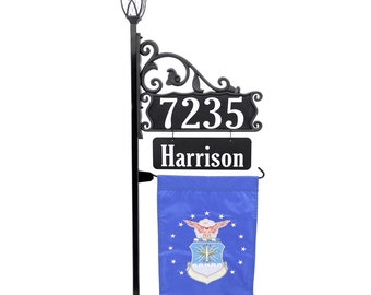 Address America - Boardwalk Double Sided Reflective Address Sign with Name Rider, U.S. Air Force Flag and Solar Lamp