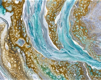 Abstract Acrylic Art Pour Painting With Metallic   - Art 30" x 15" Gallery Wrap Stretched Canvas