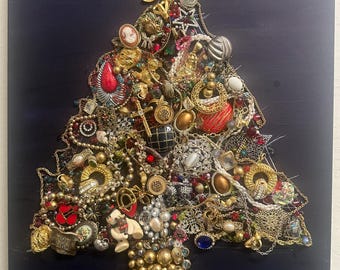 Christmas Tree Jewelry Wall Art 16" x 20" Canvas Vintage Jewelry