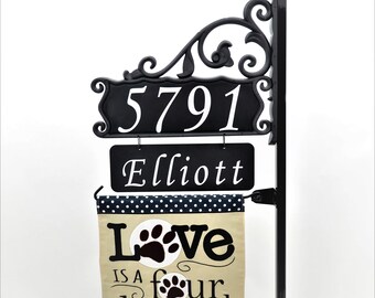 Address America - Boardwalk Double Sided Reflective Address Sign with Name Rider, Love is a Four Legged Word and Solar Lamp