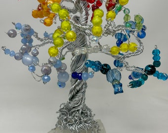 Stunning Handmade Wire Wrap Rainbow Tree Mounted on Genuine Crystal - One Of A Kind Work Of Art