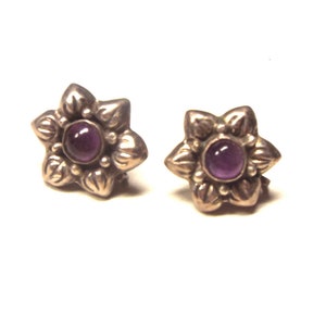 Pendientes vintage de Taxco, México, de plata 980 con forma de flor y cuarzo amatista. imagen 1