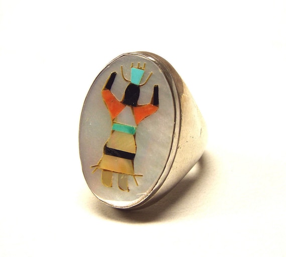 Vintage Zuni Ring Gahn Spirit Dancer Mosaic Inlay Native American Jewelry size 11.5
