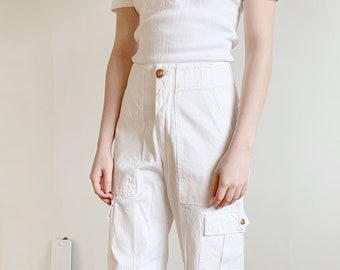 jean paul gaultier high waist white cargo pants · white cotton cargo pants · cropped ankle length jeans · unisex jpg carpenter pants · 28