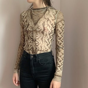 jean paul gaultier mesh long sleeve shirt with cardigan graphic · jpg mesh top · gaultier maille mesh shirt · see through mesh 90s shirt · s