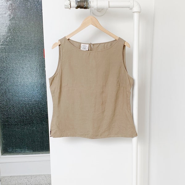 neutral brown linen vintage laura ashley sleeveless top · vintage linen tank top · earth tones linen shirt · vintage linen blouse · size 10