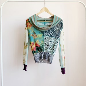 jean paul gaultier soleil patchwork paradise garden theme mesh long sleeve top with wide cowl neck · vintage jpg mesh · rare gaultier · s