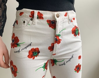 moschino flower print jeans · vintage white denim · moschino jeans poppy print pants · high waist white jeans · floral denim vintage · 28