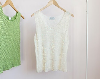 white sequin sleeveless top