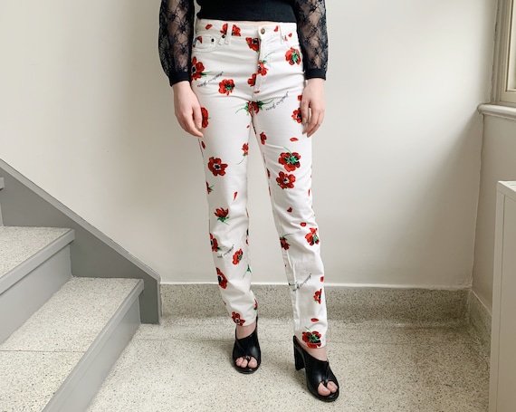 moschino flower print jeans · vintage white denim… - image 8