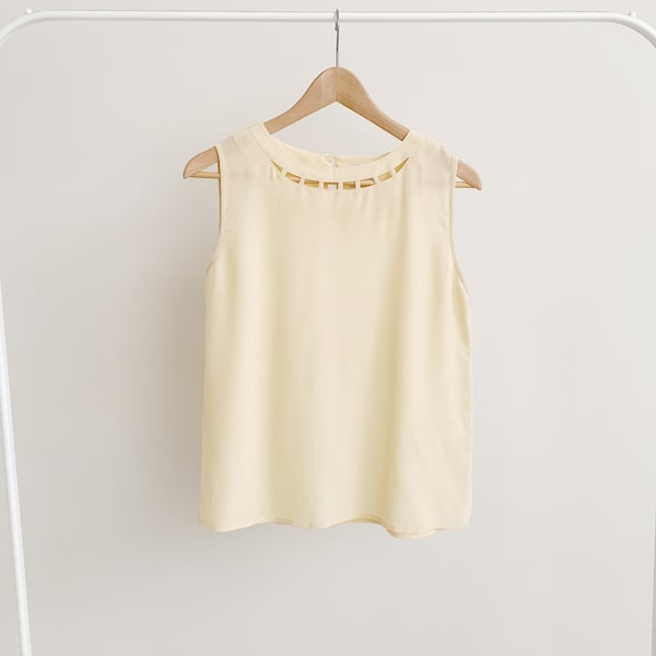 vanilla cream sleeveless silk blouse with decorative cutout collar · vintage pure silk blouse · billowy silk tank · loose fit silk top · s