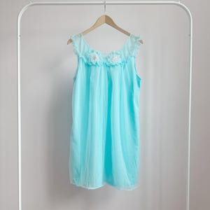 airy blue vintage chiffon nightie · midcentury lingerie · 60s nightgown slip dress · mesh overlay nightgown · short mini pastel nightie · L