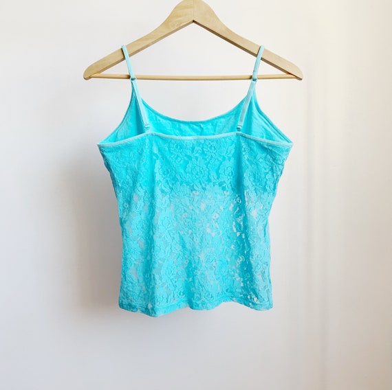 2000s Aqua Lace Cami Stretchy Blue Lace Tank Top Y2k Lace Camisole Rose  Print Lace Shirt Tight Fit Built in Bra Tanktop Large 