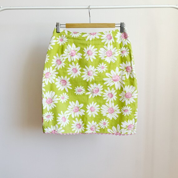 high waist lime green daisy skirt · pink and whit… - image 1
