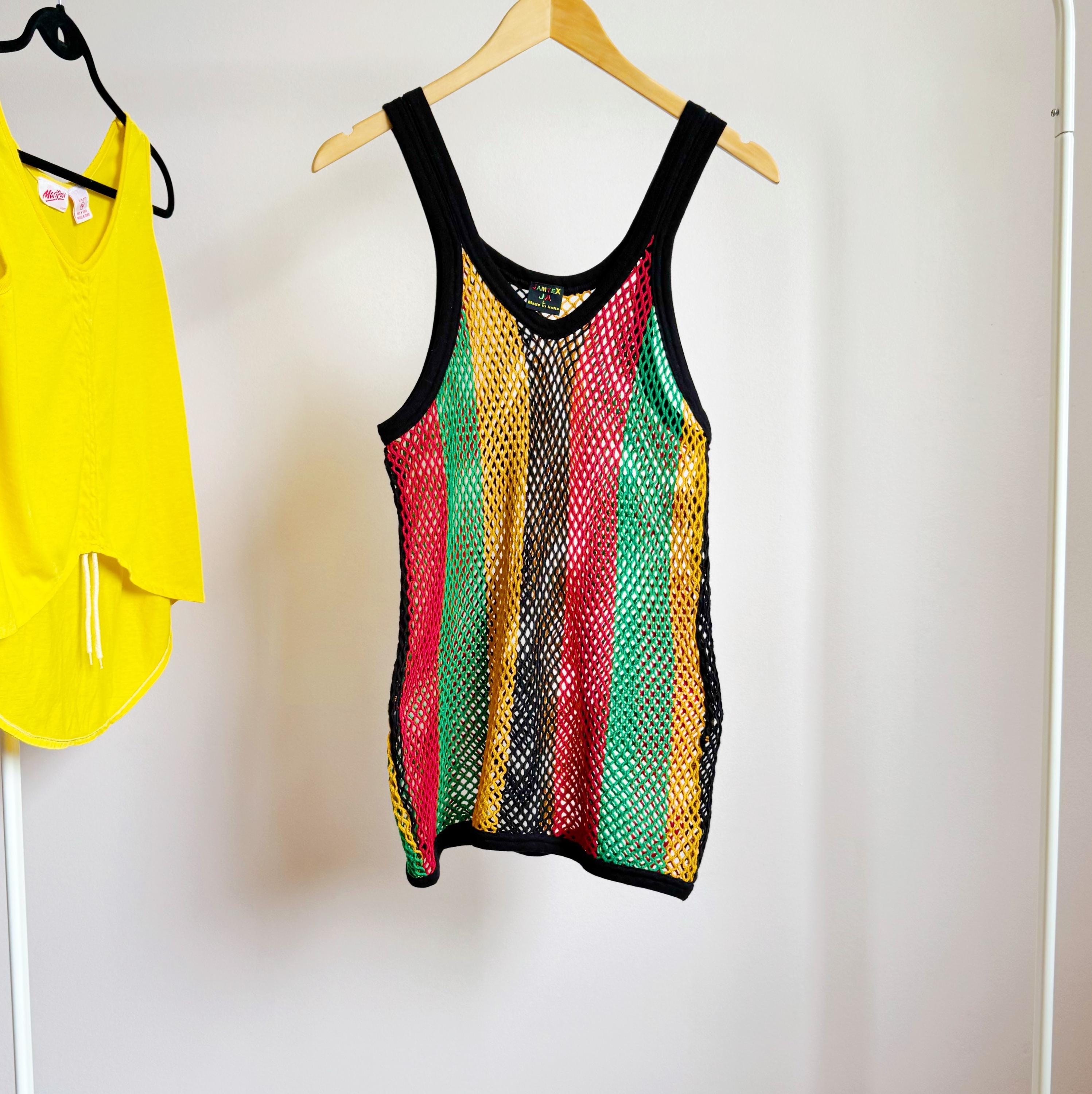 jamaican open net mesh tank top · scoop neck see thru mesh top · marina  mesh fishnet style shirt · jamaica striped netted tank top · large