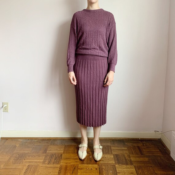 deep dusty purple knit top and sweater skirt set ·