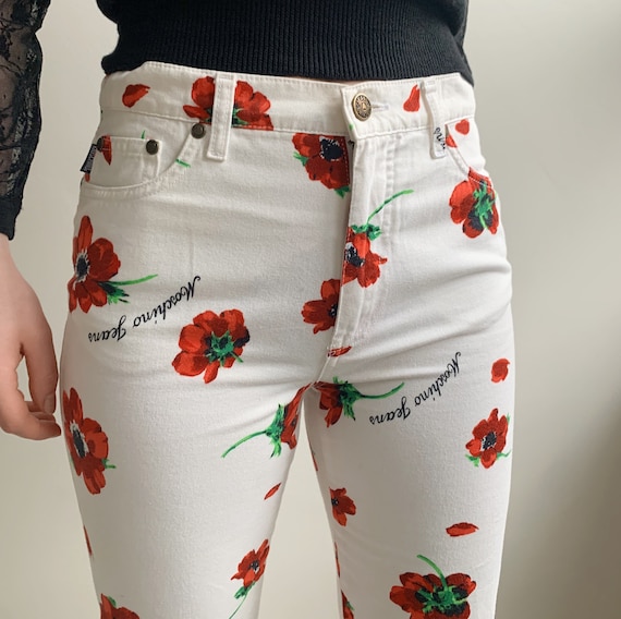 moschino flower print jeans · vintage white denim… - image 1