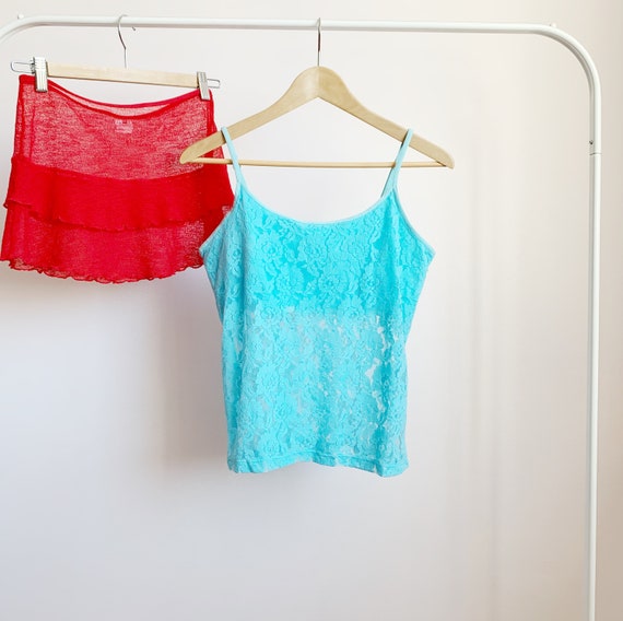 2000s Aqua Lace Cami Stretchy Blue Lace Tank Top Y2k Lace Camisole