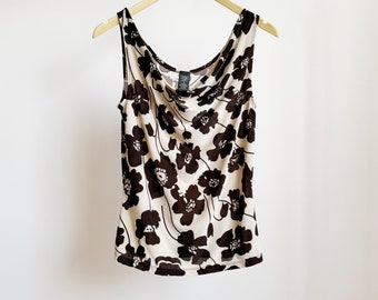 brown beige flower print cowl neck tank top · tight fit y2k top · 2000s draped neck sleeveless shirt · wide neck tank top · clingy top · s