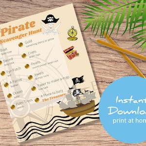 Pirate Scavenger Hunt Printable - Treasure Hunt Party Game Activity  - Printable for Birthday Party - Sleepover - indoors and outdoors