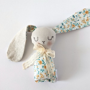 Handmade textile floral bunny great for Easter basket gifts - hand doll - small doll -first doll- hand doll