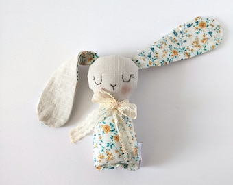 Handmade textile floral bunny great for Easter basket gifts - hand doll - small doll -first doll- hand doll