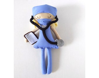 Nurse doctor textile doll with stethoscope & mask  13" inches small first doll gift for baby shower or as a nurse doctor gift