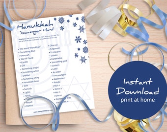 Printable Hanukkah Scavenger Hunt Game Activity Sheet for kids in blue colors Chanukah traditions Star of David