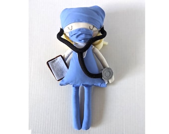 Nurse doctor textile doll with stethoscope & mask  13" inches small first doll gift for baby shower or as a nurse doctor gift