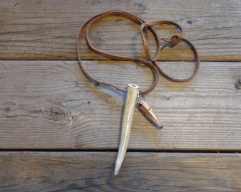 Deer Antler Tip With 308 Bullet Necklace On Leather Rawhide Cord - Antler Tip Necklace - Bullet Necklace - Antler Jewelry - Bullet Jewelry