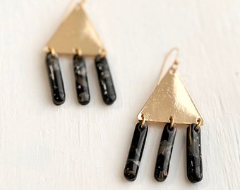 Marbled Black + Blush Dangle Earrings - Polymer Clay Earrings - Handmade - Earrings - Stone - Neutral - Jewelry - Abstract - Gold Triangle