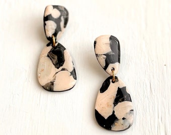 Black Pink + Blush Abstract Dangle Earrings - Polymer Clay Earrings - Handmade - Earrings - Neutrals - Jewelry - Gold Foil