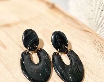 Marbled Dangle Earrings - Polymer Clay Earrings - Handmade - Earrings - Stone Look - Neutrals - Jewelry - Black - Gold Foil - Gold Flecks