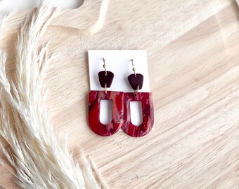 SALE - Dangle Earrings - Polymer Clay Earrings - Handmade - Resin - Resin Earrings - Marbled - Pink - Geometric - Arch -Jewelry