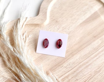 SALE - Oval Stud Earrings - Polymer Clay Earrings - Handmade - Resin - Resin Earrings - Valentines Day - Marbled - Pink + Red - Jewelry