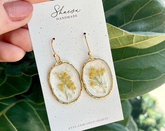 Floral Dangle Earrings - Resin Earrings - Handmade - Floral Earrings - Boho - Jewelry - dried pressed florals - gold - gold bezel