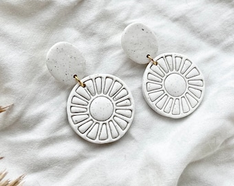 White speckle medallion Dangle Earrings - Polymer Clay Earrings - Handmade - Earrings - Neutrals - Jewelry - Gold - boho - faux stone