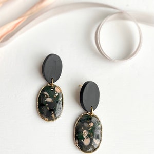 Charcoal Grey blush green speckle Dangle Earrings Polymer Clay Earrings Handmade Earrings Neutrals Jewelry sparkle image 2