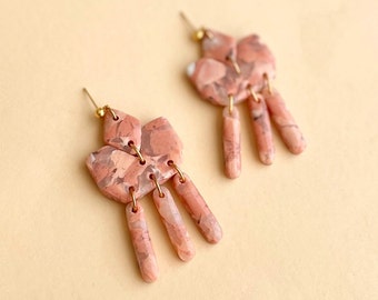 Diamond Marbled Pink + Blush Dangle Earrings - Polymer Clay Earrings - Handmade - Earrings - Stone - Neutral - Jewelry - Abstract