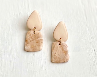 Marbled Blush + Soft Pink Dangle Earrings - Polymer Clay Earrings - Handmade - Earrings - Stone - Neutral - Jewelry - Abstract - Gold