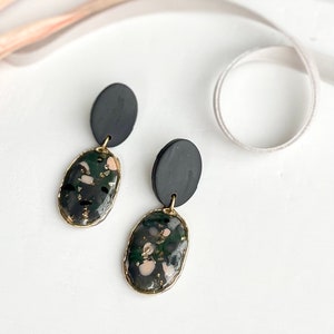 Charcoal Grey blush green speckle Dangle Earrings Polymer Clay Earrings Handmade Earrings Neutrals Jewelry sparkle image 1