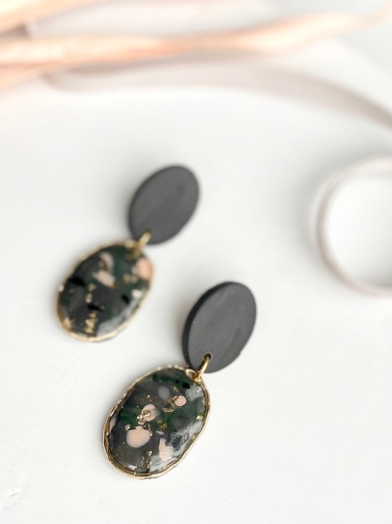 Charcoal Grey blush green speckle Dangle Earrings Polymer Clay Earrings Handmade Earrings Neutrals Jewelry sparkle image 3