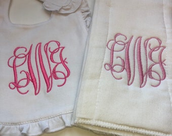 Monogrammed Bib & Burp Cloth Set