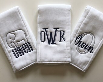 Monogrammed burp cloths, Embroidered burp cloths, Personalized burp cloths & 1 bib