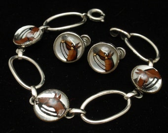 Horse Bracelet Earrings Set Reverse Crystal Intaglio Sterling Silver Vintage