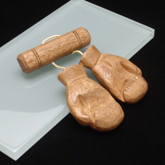 Boxing Gloves Pin Vintage Carved Wooden