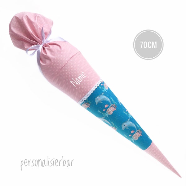 Schultüte Mädchen 70cm große Zuckertüte Stofftüte rosa Einschulung Stoffschultüte Delfin personalisierbar Name Ozean Meer Delphin Füllkissen